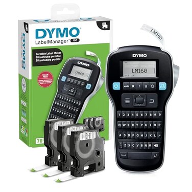 DYMO LabelManager 160 Portable Label Maker Bundle, Easy-to-Use, One-Touch Smart Keys, QWERTY Keyboard, Large Display, For Home &amp; Office Organization, Includes 3 D1 Label Cassettes