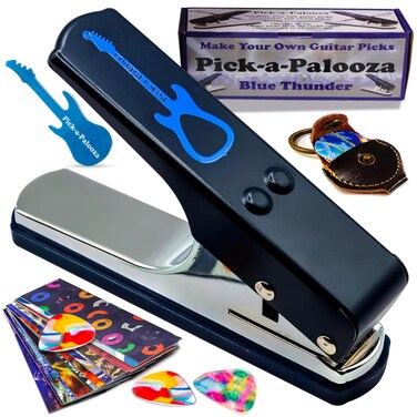 Pick-a-Palooza DIY Guitar Picks Punch Mega Pack - Custom Pick Maker for Musicians - Features Leather Key Chain Holder, Pick Strips with Artwork &amp; File - Unique Gifts for Men &amp; Women - Blue Punch