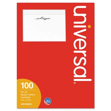 Universal 56002 Pin-On Clear Badge Holders W/Inserts, Top Load, 3 x 4, White, 100/Box