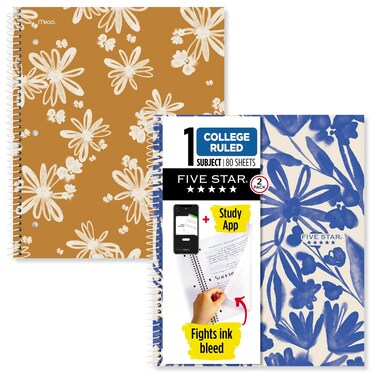 Five Star Spiral Notebooks + Study App, 2 Pack, 1 Subject, College Ruled Paper, 11" x 8-1/2", 80 Sheets, Soft Petals (820331F-ECM)