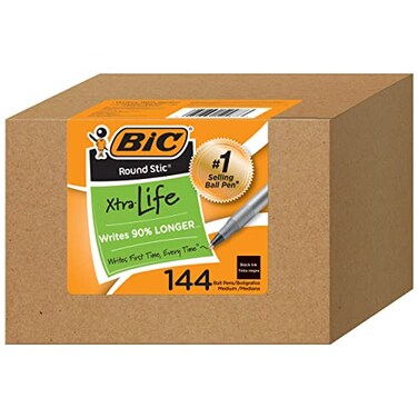 BIC Round Stic Xtra Life Black Ballpoint Pens, Medium Point (1.0mm), 144-Count Pack of Bulk Pens, Flexible Round Barrel for Writing Comfort, No. 1 Selling Ballpoint Pens