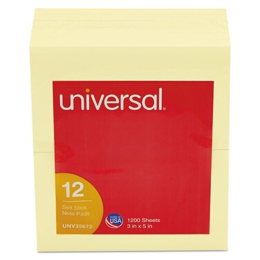 Universal 35672 Standard Self-Stick Notes, 3 x 5, Yellow, 100-Sheet, 12/Pack