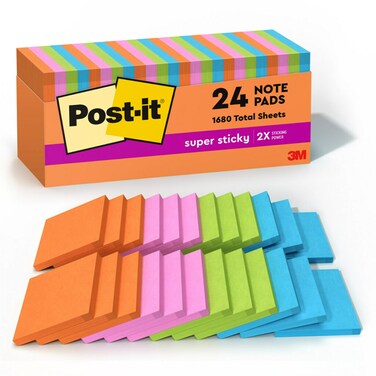 Post-it Super Sticky Notes, 24 Sticky Note Pads, 3 x 3 in., Ideal for Organization in Your Dorm, Home or Office, Energy Boost Collection