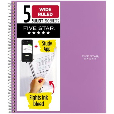 Five Star Spiral Notebook + Study App, 5 Subject, Wide Ruled Paper, Fights Ink Bleed, Water Resistant Cover, 8" x 10-1/2", 200 Sheets, Amethyst Purple (38739)