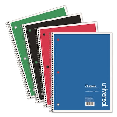 Universal 66614 1 Subject Wirebound Notebook, 10.5 x 8, College Rule, 70 Sheets, Assorted, 4/PK