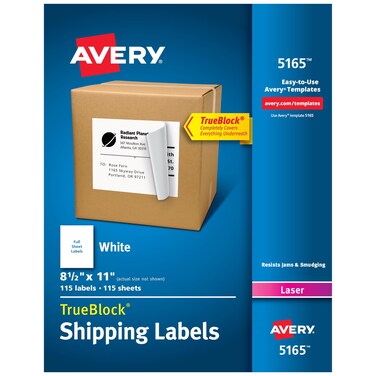 Avery Full Sheet Printable Shipping Labels with TrueBlock Technology, 8-1/2" x 11", White, 100 Blank Mailing Labels for Laser Printers (5165)