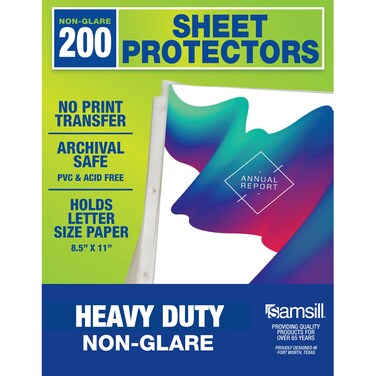 Samsill 200 Pack Heavy Duty Sheet Protectors, Non-Glare, 8.5x11 Inch Page Protectors for 3 Ring Binder, Letter Size Protectors, Reinforced Holes, Non-Glare Protector, Top Loading, Acid Free