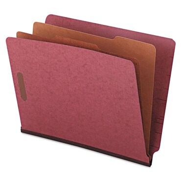 Universal Red Pressboard End Tab Classification Folders, 2" Expansion, 2 Dividers, 6 Fasteners, Letter Size, Red Exterior, 10/Box
