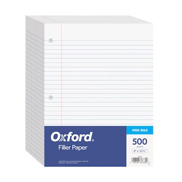 Oxford Filler Paper, 8 x 10-1/2 Inch Wide Ruled Paper, 3 Hole Punch, Loose Leaf Notebook Paper for 3 Ring Binders, 500 sheets (62330), white