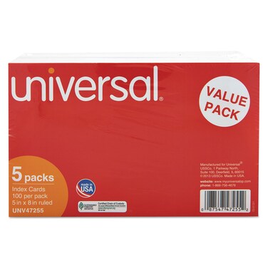 Universal Ruled Index Cards, 5 X 8, White, 500/pack