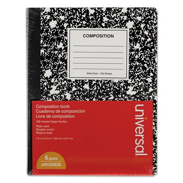 Universal 20946 Composition Book, College Rule, 9 3/4 x 7 1/2, White, 100 Sheets, 6/Pack