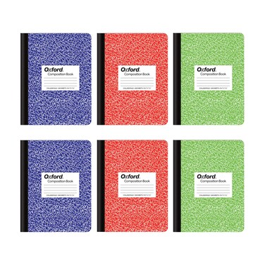 Oxford Composition Notebook 6 Pack, College Ruled Paper, 9-3/4 x 7-1/2 Inches, 100 Sheets, Assorted Marble Covers. 2 Each: Blue, Green, Red (63763)
