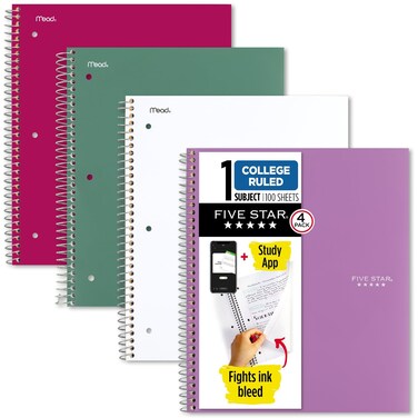 Five Star Spiral Notebooks + Study App, 4 Pack, 1 Subject, College Ruled Paper, 8-1/2" x 11", 100 Sheets, Purple, Pink, White, Green (820337-ECM)