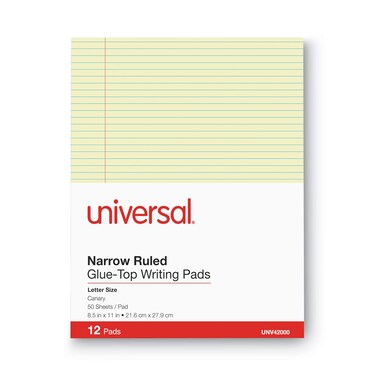 Universal UNV42000 50-Sheet 8.5 in. x 11 in. Glue Top Pads - Narrow Rule, Canary Yellow (1 Dozen)