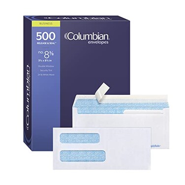 Columbian #8 5/8 Security Envelopes, 500/Box, Double Window, 3-5/8" x 8-5/8", Release &amp; Seal Self Seal, SimplySafe Tamper Evident, White (COLO156)