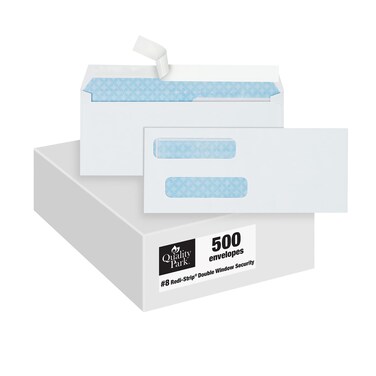 Quality Park #8 Double Window Envelopes, Self Seal Security Envelopes for QuickBooks Checks, 3 5/8" x 8 11/16", 24 lb White, 500 per Box (QUA50766)