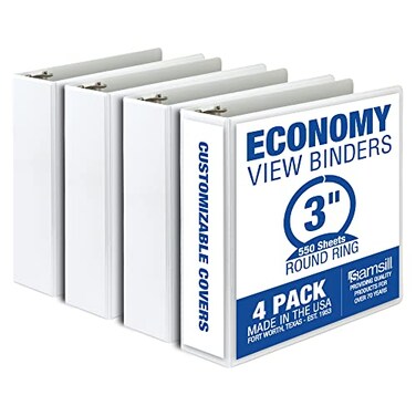 Samsill 3 Inch 3 Ring Binders, Made in USA, Economy Round Ring, Clear View Cover, 550 Sheet Capacity - for School, Home, Office - White, 4 Pack