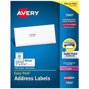 Avery Easy Peel Printable Address Labels with Sure Feed, 1" x 2-5/8", White, 7,500 Blank Mailing Labels (05960)