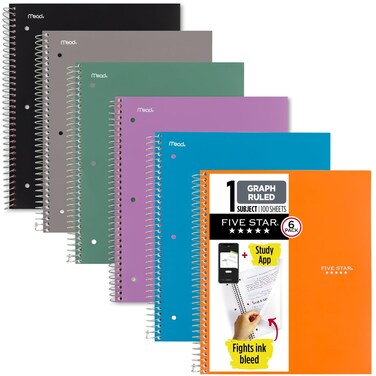 Five Star Spiral Notebook + Study App, 6 Pack, 1 Subject, Graph Ruled Paper, 8-1/2" x 11", 100 Sheets, Fights Ink Bleed, Water Resistant Cover, Purple, Orange, Green, Blue, Gray, Black (73549)