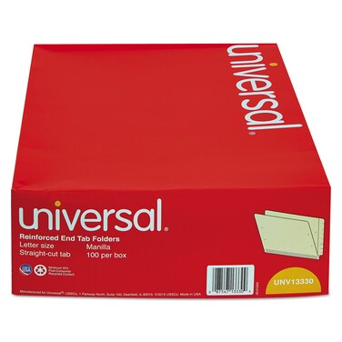 Universal UNV13330 Deluxe Reinforced Straight End Tab Folders - Letter, Manila (100/Box)