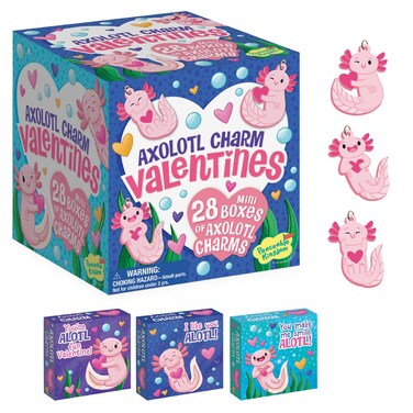 Peaceable Kingdom Valentines Cards for Kids Classroom, Set of 28 Valentines Day Gifts - Axolotl Friendship Charms