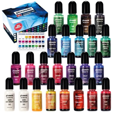 Alcohol Ink Set - New Improved Formula - 24 Highly Saturated, Fast-Drying, Permanent Inks for Epoxy Resin, Tumblers, Fluid Art Painting, Glass, Metal, and More