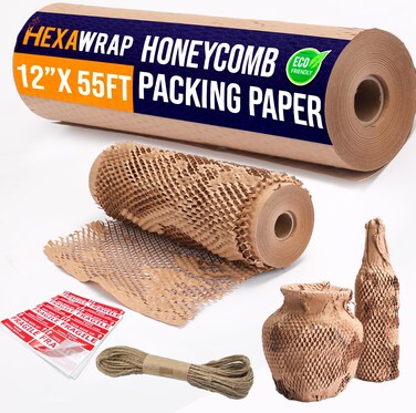 Honeycomb Packing Paper 12" x 55ft with Rope &amp; 20 Fragile Stickers Shipping &amp; Moving Supplies Small Business Packaging Supplies Eco Friendly Bubble Wrap Packing Boxes for Moving