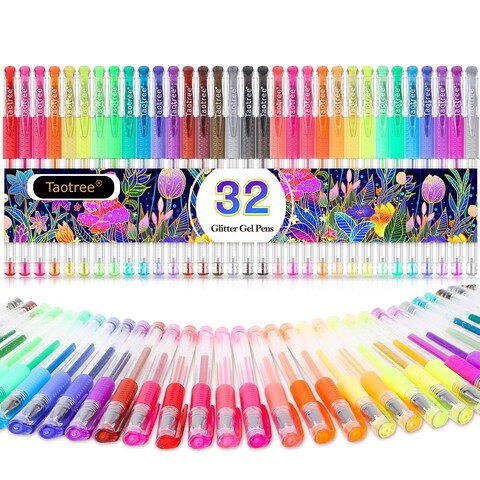 Taotree Glitter Gel Pens, 32 Color Neon Glitter Pens Fine Tip Art Markers Set 40% More Ink Colored Gel Marker for Coloring Book, Drawing, Coloring, Scrapbook, Journaling, Sparkle Easter Gifts kids