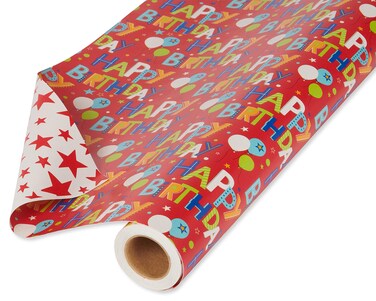 American Greetings Reversible Wrapping Paper, Happy Birthday Lettering and Stars (1 Jumbo Roll, 175 sq. ft.)