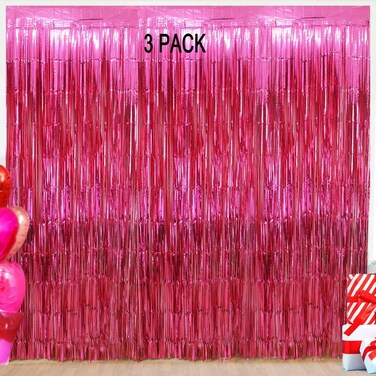 EUFARS Valentines Day Backdrops Curtains - 3 Pack of 3.2x8.2ft Hot Pink Foil Fringe Curtains Streamers Backdrop for Birthday Party Valentines Day Backdrop Decorations