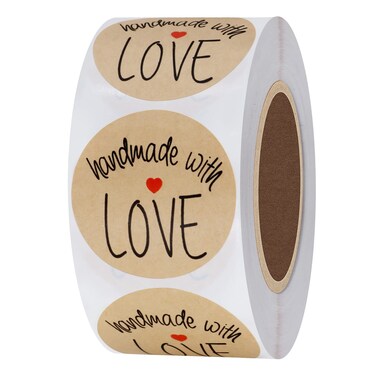 Hybsk 500pcs 1.5 Inch Kraft Handmade with Love Stickers with Red Heart for Small Business Baked Packaging (Type 1)