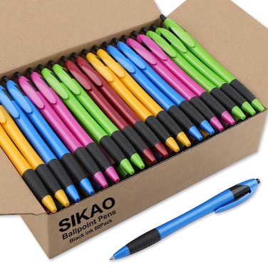 Sikao Pens Bulk, 60Pack Gripped Slimster Bulk Pens Ballpoint Smooth Writing Pens No Smear Black Ink 1.0mm, Retractable Ball Pens, Click Pens, Server Pens, School Office Supplies