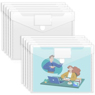 Sooez 10 Pack Plastic Envelopes File Folders, Clear Folder for Document US Letter A4 Size Poly Envelopes with Label Pockets for School Home Work Office Organizer, Clear