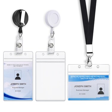 Mcyye 3 Pack Id Card Name Badge Holders Retractable Clip, Premium Badge Reel with 24 inches Pull Cord, Vertical &amp; Horizontal Clear Id Card Protector with Black Lanyard, No Paper Card, Combine Freely