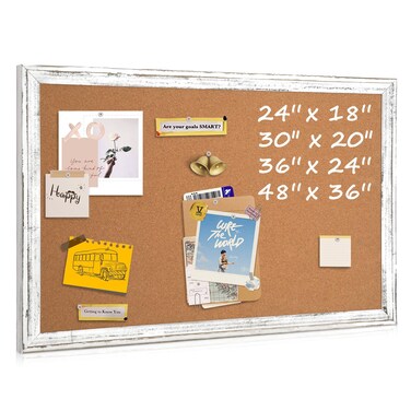 QUEENLINK Cork Board Bulletin Board - 36" x 24" - Rustic White Frame Corkboard for Wall - Message Board, Vision Board, Pin Board