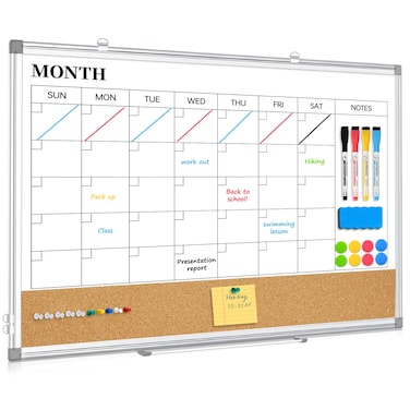 QUEENLINK Dry Erase Calendar Board for Wall, 24"x18" Magnetic Whiteboard Calendar Double-Sided Monthly White Board with Cork Board, Aluminum Frame Memo Message Board for Office, Home, School, Kitchen