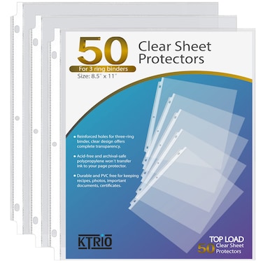 KTRIO Sheet Protectors 8.5 x 11 inch, Clear Page Protector for 3 Ring Binder, Plastic Sleeves for Binders, Top Loading Paper Sheets Document Sleeve Letter Size, Office &amp; Home, 50 Pack