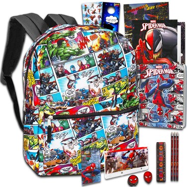 Marvel Avengers Backpack Set Boys Girls Kids - 7 Pc Bundle With Avengers Superhero School Bag, Folders, Pencils, Stickers and More School Supplies