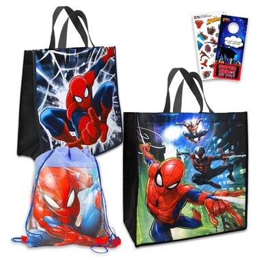 Marvel Spider-man Tote Bag Bundle - Spiderman Tote Bag Set With Kids Spiderman Drawstring Bag And Stickers (Spiderman Reusable Tote Bag)