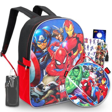 Avengers Backpack with Lunch Box Set - Bundle with 16" Marvel Bag, Lunch Bag, Water Pouch, Stickers, More   Spiderman Superhero School Supplies