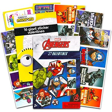 Marvel Avengers Valentines Cards for Classroom - 27 Avengers Valentine Cards and 16 Minions Sticker Valentines Cards (43 Valentine Exchange Cards)
