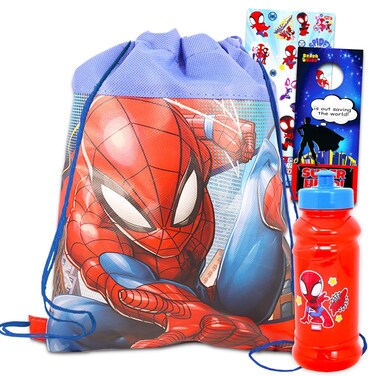Marvel Store Spiderman Drawstring Bag and Water Bottle - Spiderman Travel Set with Drawstring Bag and 16 Oz Pull Top Water Bottle for Boys and Girls (Marvel Travel Bag)