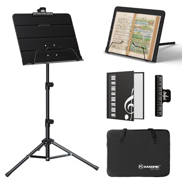 K KASONIC - Dual-Use Folding Sheet Music Stand &amp; Desktop Book Stand with Portable Carrying Bag, Sheet Music Folder &amp; Clip Holder (Black)