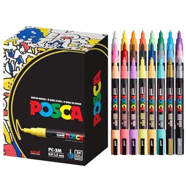 24 Posca Paint Markers, 3M Fine Coloring Markers with Reversible Tips, Posca Marker Set of Acrylic Paint Pens   Posca Pens for Art Supplies, Fabric Paint, Fabric Markers, Paint Pen, Art Markers