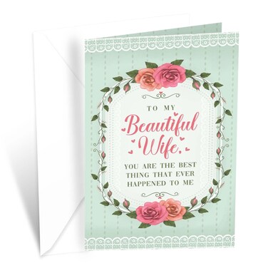 Prime Greetings Wife Valentine's Day Card, Made in America, Eco-Friendly, Thick Card Stock with Premium Envelope 5in x 7.75in, Packaged in Protective Mailer (Flower Wreath)