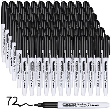 SFAIH Fine Tip Dry Erase Markers - 72 Pack Black Whiteboard Erasable Markers Bulk for Kids Adults, Ideal for Classroom School Office Home Use on White Board, Non-Toxic Easy Clean