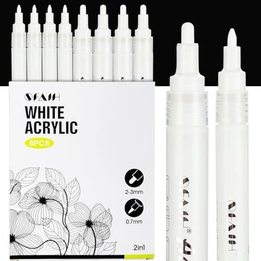 SFAIH Acrylic White Paint Pens - 8 Pack 2-3MM Medium Tip &amp; 0.7MM Extra Fine White Paint Marker for Rock Painting, Wood, Metal, Fabric, Plastic, Canvas, Glass, Ceramic, Diy Crafts