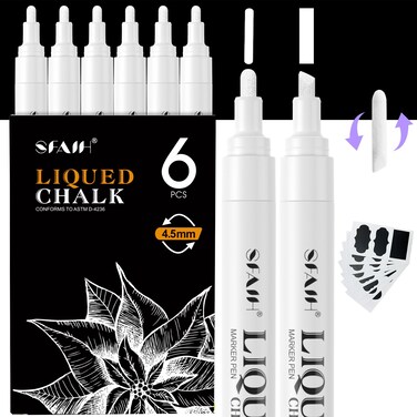 SFAIH White Liquid Chalk Markers - 6 Wet Erase Chalkboard Markers for Signs, Windows, Glass, Chalk Pens with 20 Chalkboard Labels, Reversible Tips - 4.5-6mm Reversible Bullet &amp; Chisel Tips, Non Toxic