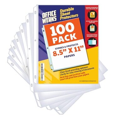 Office Werks 100 Clear Sheet Protectors, 8.5x11 Inch for 3 Ring Binder, Plastic Sheet Sleeves, Top Loading Paper Protector with Reinforced Holes, Archival Safe for Documents and Photos
