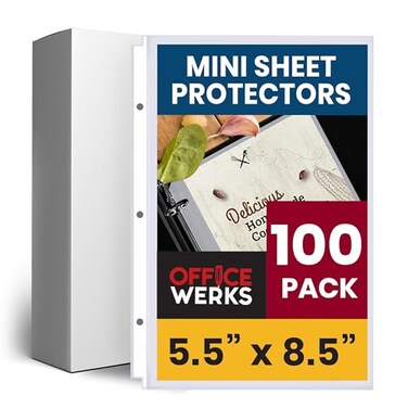 Office Werks 100 Pack of Heavyweight Clear Mini Sheet Protectors, 5.5" x 8.5", Top Load, Reinforced Holes, Acid-Free/Archival Safe, Plastic Sleeves for Binders Documents